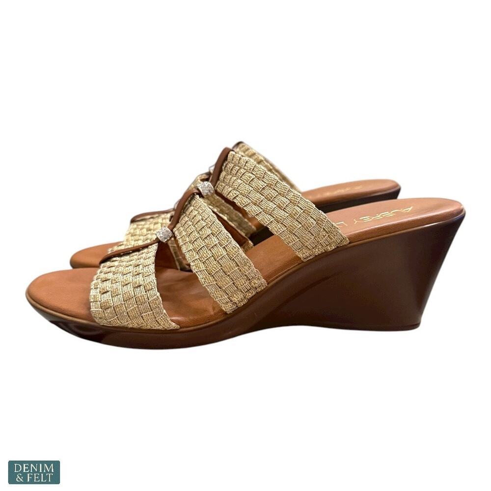 Aubrey Lynn Tan Woven Slide Sandals‎ Rhinestone Straps Boho Luxe Resort 9.5 - Picture 2 of 10